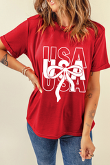 Red USA Bow Printed Casual Cotton Blend T Shirt Graphic Tees JT's Designer Fashion