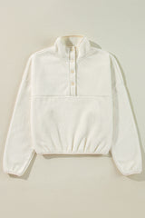 White Fleece Placket Turn-down Collar Drop Shoulder Sweatshirt Sweatshirts & Hoodies JT's Designer Fashion