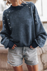 Sky Blue Beads Stud Drop Shoulder Loose Sweatshirt Sky Blue 75%Polyester+25%Cotton Graphic Sweatshirts JT's Designer Fashion