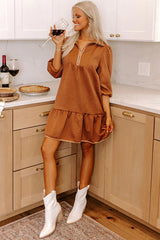 Desert Gold Quarter Zip Collar Bracelet Sleeve Textured Mini Dress Mini Dresses JT's Designer Fashion