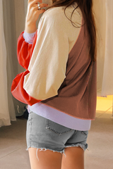 Orange Color Block Side Slits Raglan Sleeve Loose Fit Top Long Sleeve Tops JT's Designer Fashion