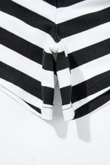Black Stripe Contrast Ribbed Banding Long Sleeve Blouse Loose Shorts Set Short Sets JT's Designer Fashion