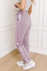 Orchid Petal Drawstring Waist Satin Stripe Patch Straight Leg High Waist Pants Pants & Culotte JT's Designer Fashion