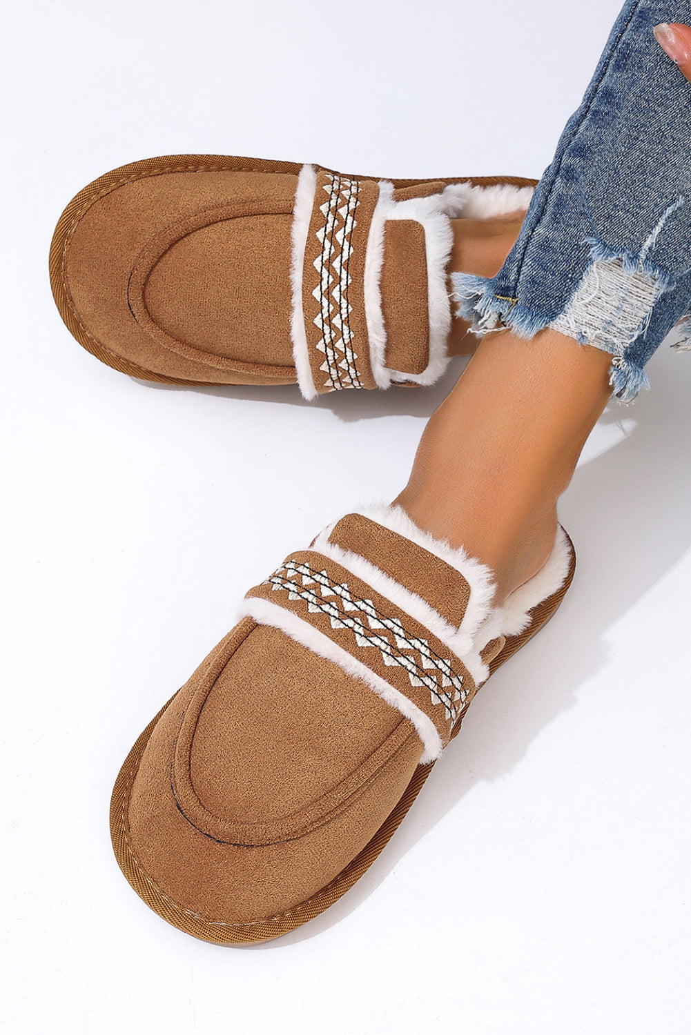 Chestnut Suede Wavy Striped Plush Lined Slippers Slippers JT's Designer Fashion