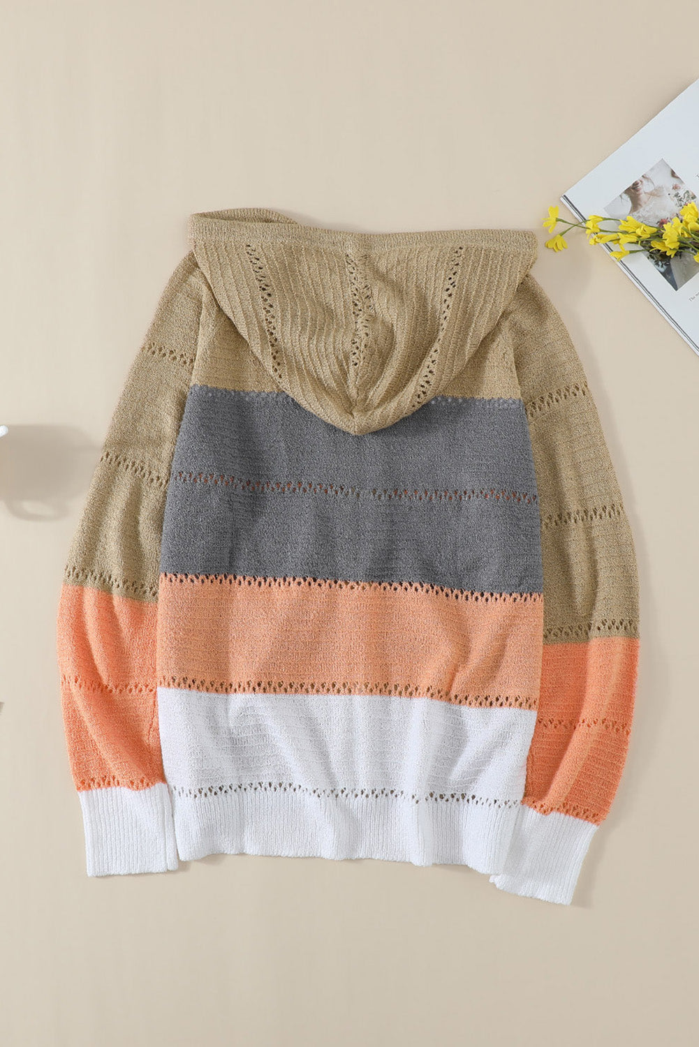 Multicolor Zipped Front Colorblock Hollow-out Knit Hoodie Sweatshirts & Hoodies JT's Designer Fashion