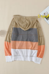 Multicolor Zipped Front Colorblock Hollow-out Knit Hoodie Sweatshirts & Hoodies JT's Designer Fashion