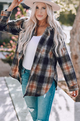 Black Oversize Rounded Hem Plaid Shacket with Slits Plaid Shackets JT's Designer Fashion