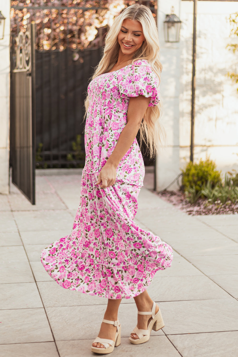 Pink Dainty Floral Smocked Puff Sleeve Flowy Long Dress Maxi Dresses JT's Designer Fashion