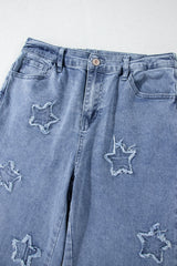 Dusk Blue Foiled Star Patchwork Straight Leg Loose Jeans Jeans JT's Designer Fashion
