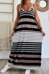 Multicolour Mixed Stripes Spaghetti Straps V Neck Maxi Dress Dresses JT's Designer Fashion