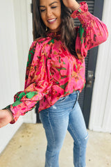 Rose Abstract Print Frilly Neckline Puff Sleeve Blouse Blouses & Shirts JT's Designer Fashion