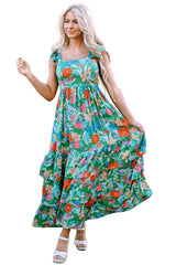 Green Floral Print Sleeveless Ruffle Tiered Maxi Dress Floral Dresses JT's Designer Fashion