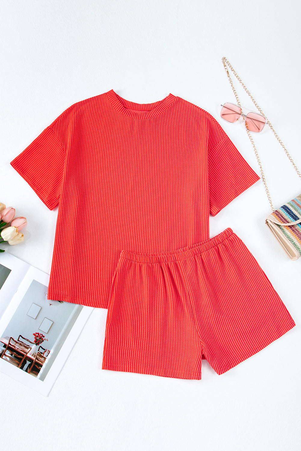 Ribbed Textured Knit Loose Fit Tee and Shorts Set Short Sets JT's Designer Fashion