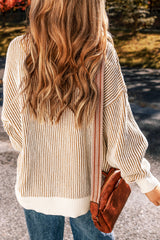 Chestnut Striped Textured Knit Contrast Edge Loose Sweater Sweaters JT's Designer Fashion