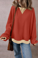 Red Clay Color Block Patch Drop Shoulder Oversized Sweatshirt Sweatshirts & Hoodies JT's Designer Fashion