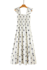 Black Bow Print Smocked Square Neck Ruffle Tiered Long Dress Maxi Dresses JT's Designer Fashion