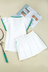 White Colorblock Edge Cap Sleeve Collared Top 2 Piece Skirt Set Two Piece Dresses JT's Designer Fashion