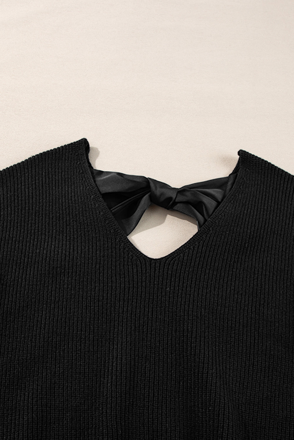 Black Lantern Sleeve V Neck Knot Back Sweater Sweaters JT's Designer Fashion