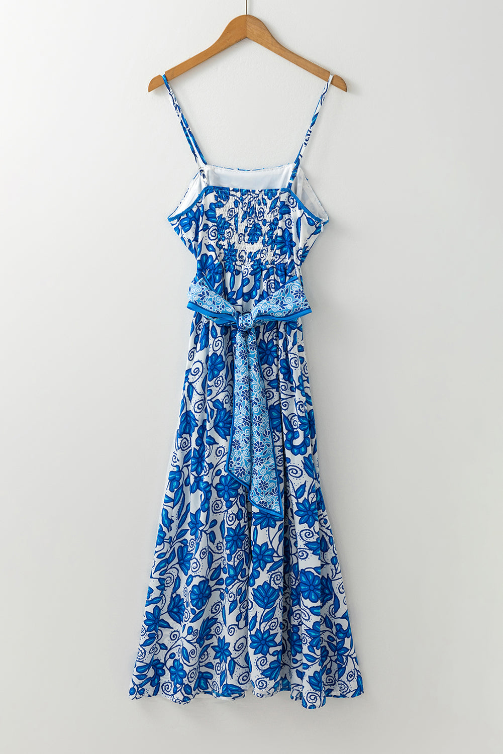 Blue Floral Printed Spaghetti Strap Maxi Dress with Waist Tie Floral Dresses JT's Designer Fashion