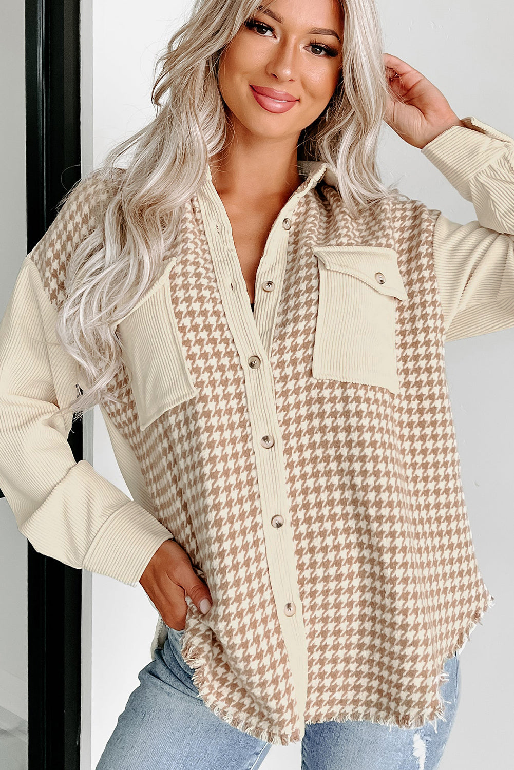 Parchment Houndstooth Corduroy Patchwork Flap Pocket Shacket Jackets JT's Designer Fashion