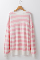 Pink Stripe Half Buttons Drop Shoulder Sweater Sweaters JT's Designer Fashion