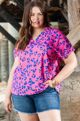 Rose Contrast Leopard Print Plus Size V Neck Blouse Plus Size JT's Designer Fashion