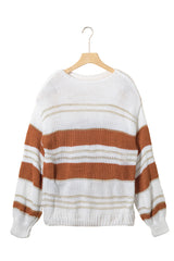 White Striped Knit Puff Sleeve Casual Sweater Sweaters JT's Designer Fashion
