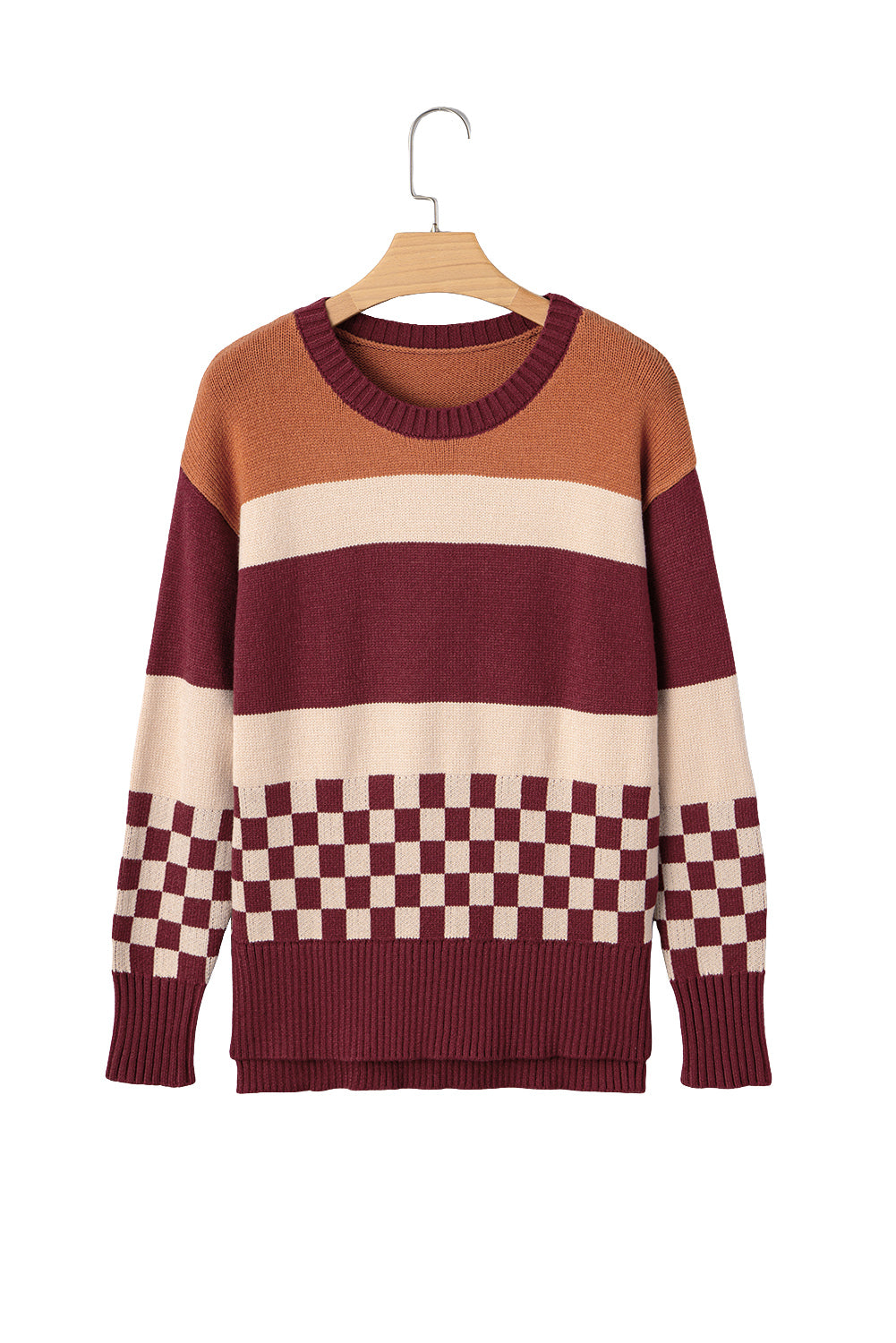 Brown Checkered Color Block Knitted Drop Shoulder Sweater Sweaters JT's Designer Fashion