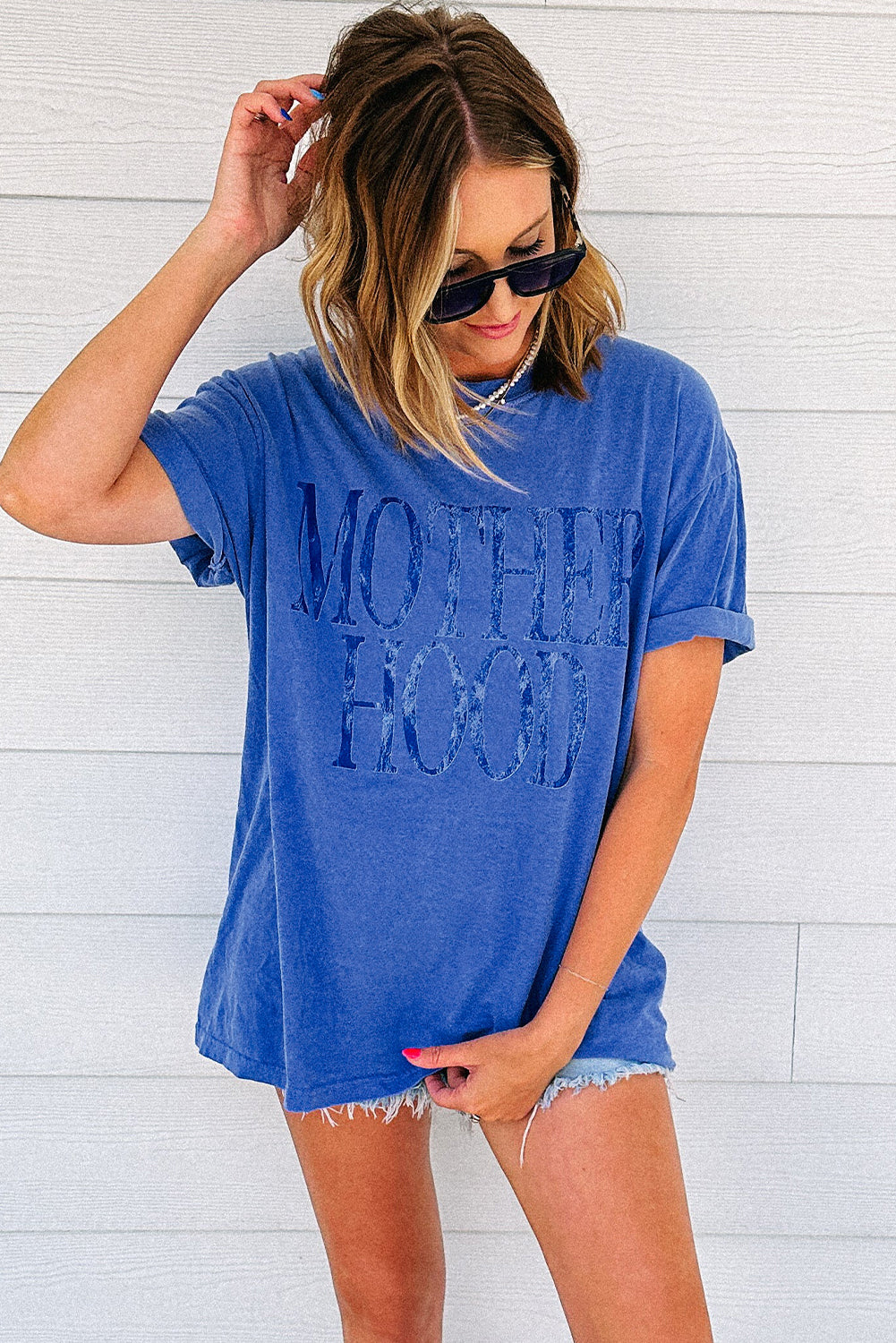 Sky Blue Vintage MOTHERHOOD Letter Graphic T Shirt Graphic Tees JT's Designer Fashion