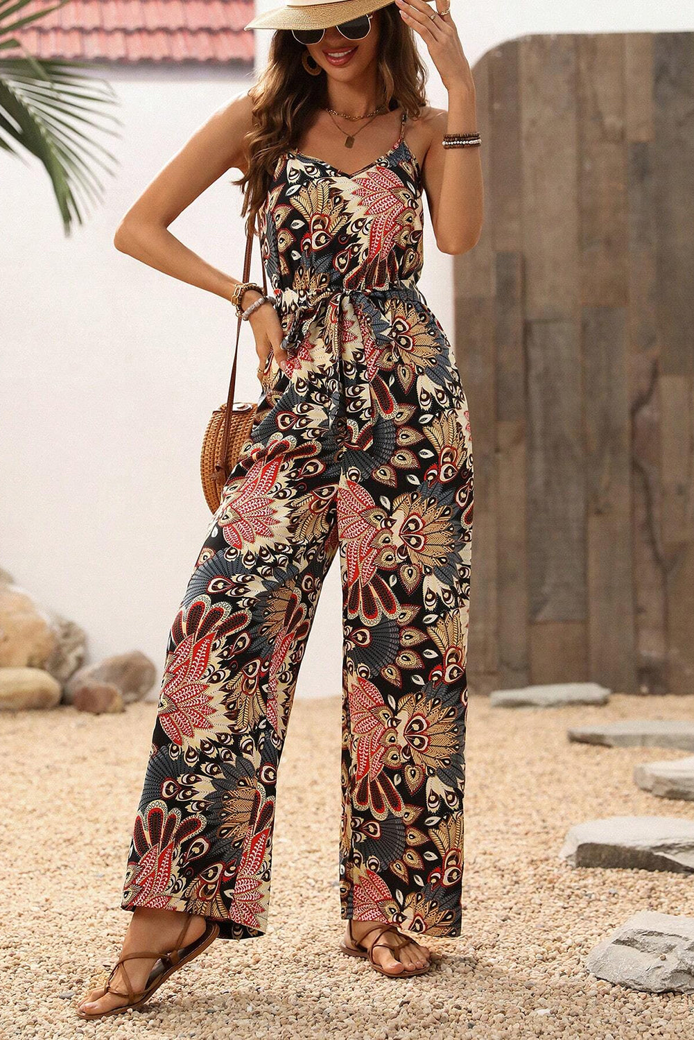 Black Floral Print Belted Sleeveless Wide Leg Jumpsuit Jumpsuits & Rompers JT's Designer Fashion
