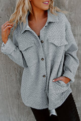 Gray Retro Quilted Flap Pocket Button Shacket Gray 95%Polyester+5%Elastane Jackets JT's Designer Fashion