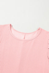 Blossom Corded Knit Crew Neck Puff Sleeve Shift Mini Dress T Shirt Dresses JT's Designer Fashion