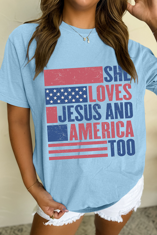 Light Blue SHE LOVES JESUS AND AMERICA TOO Flag Graphic T Shirt Graphic Tees JT's Designer Fashion