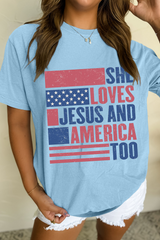 Light Blue SHE LOVES JESUS AND AMERICA TOO Flag Graphic T Shirt Graphic Tees JT's Designer Fashion