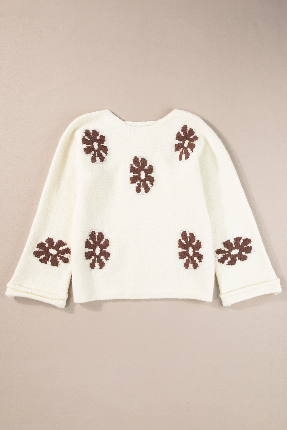 White Colorblock Floral Pattern Round Neck Sweater Sweaters JT's Designer Fashion