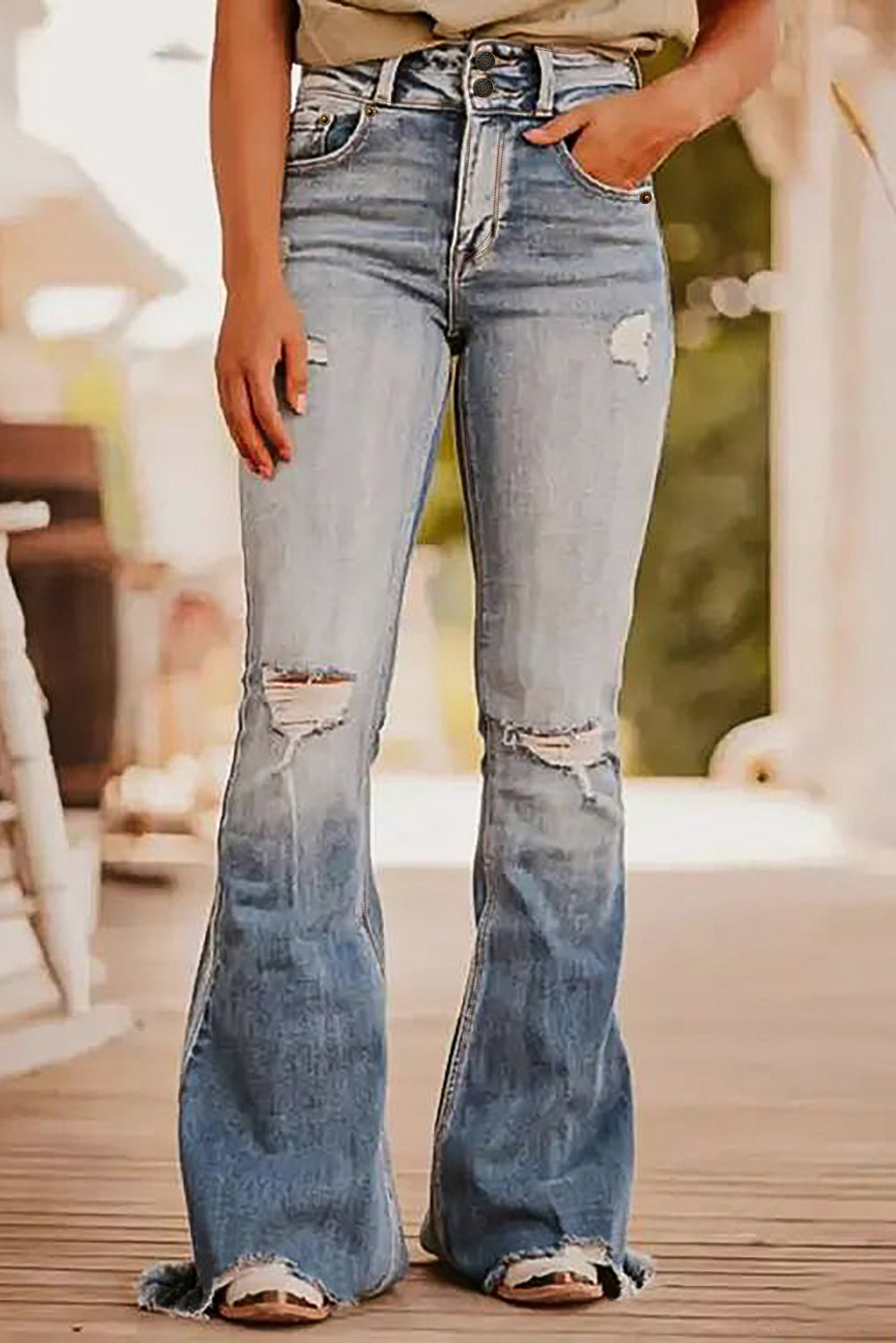 Dusk Blue Vintage Light Wash Ripped Raw Edge Flare Jeans Dusk Blue 75%Cotton+23%Polyester+2%Elastane Jeans JT's Designer Fashion