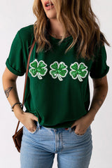 Green St Patrick Clover Patch Sequin Graphic T-shirt Graphic Tees JT's Designer Fashion
