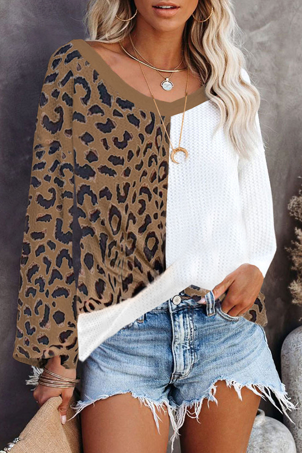 Brown Leopard Contrast Waffle Knit Twist Hem V Neck Top Long Sleeve Tops JT's Designer Fashion