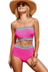 Rose Red Contrast Banding Tube Bikini High Waist 2pcs Swimsuit High Waisted Swimsuit JT's Designer Fashion