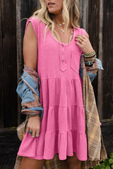 Bright Pink Waffle Textured Button Round Neck A-line Tiered Sleeveless Dress Mini Dresses JT's Designer Fashion