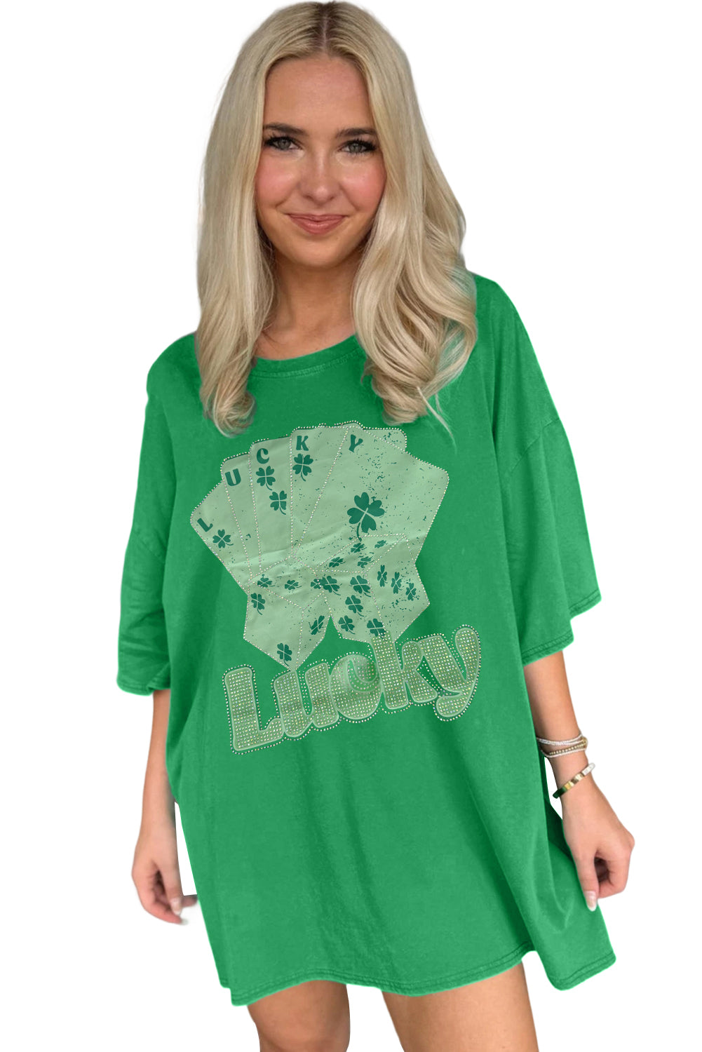 Bright Green Rhinestone Lucky Poker Cards Oversized T Shirt Mini Dress T Shirt Dresses JT's Designer Fashion