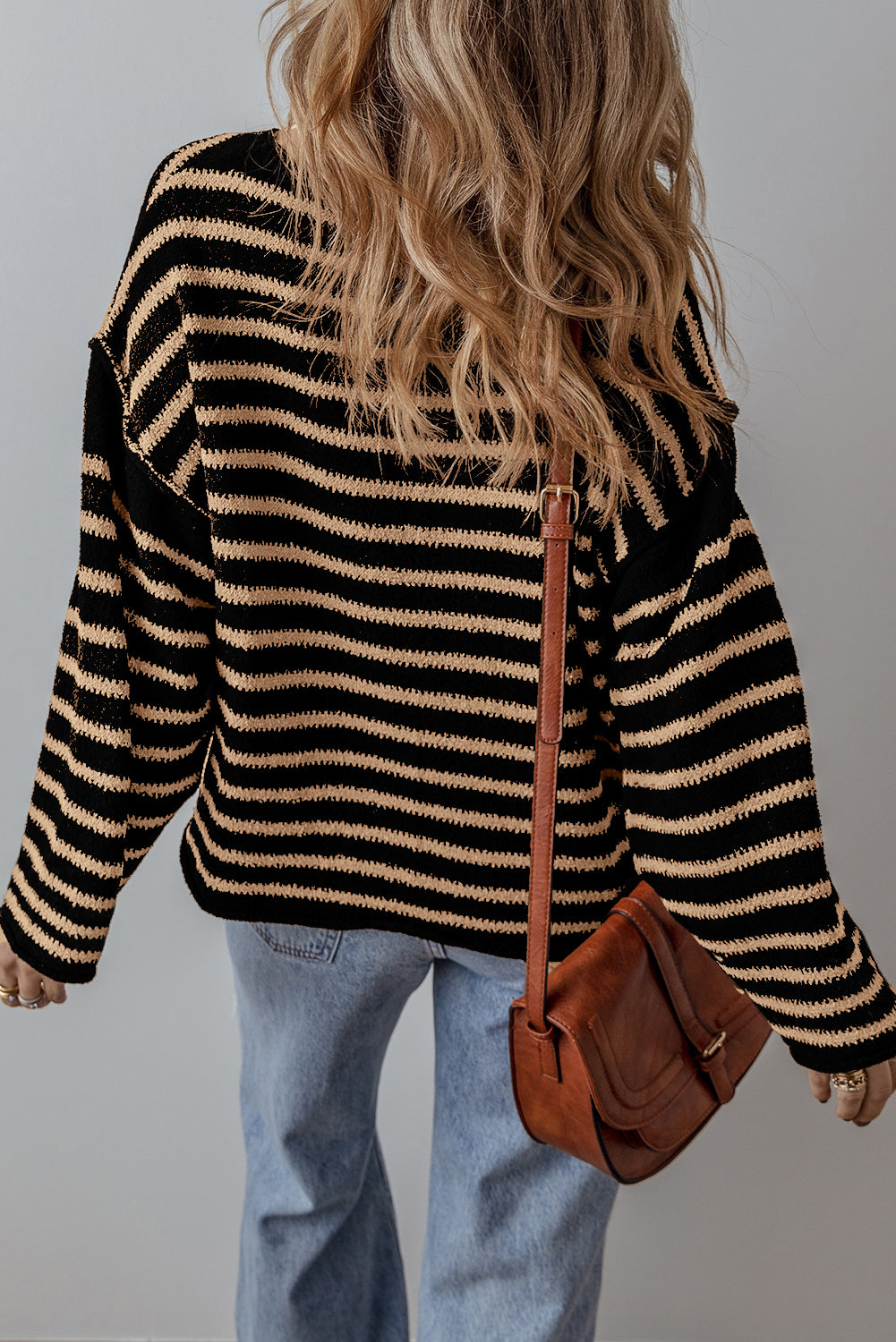 Black Stripe Drop Shoulder Round Neck Loose Sweater Sweaters JT's Designer Fashion