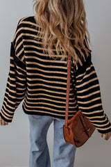 Black Stripe Drop Shoulder Round Neck Loose Sweater Sweaters JT's Designer Fashion