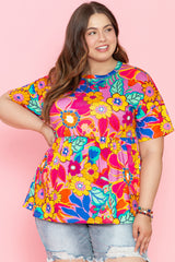 Pink Floral / Geometric Print Short Sleeve Plus Size Babydoll Blouse Plus Size JT's Designer Fashion