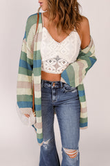 Green Striped Color Block Hollowed Knit Cardigan Sweaters & Cardigans JT's Designer Fashion