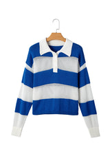 Blue Stripe Colorblock Polo Collar Eyelet Crochet Knitted Sweater Sweaters JT's Designer Fashion