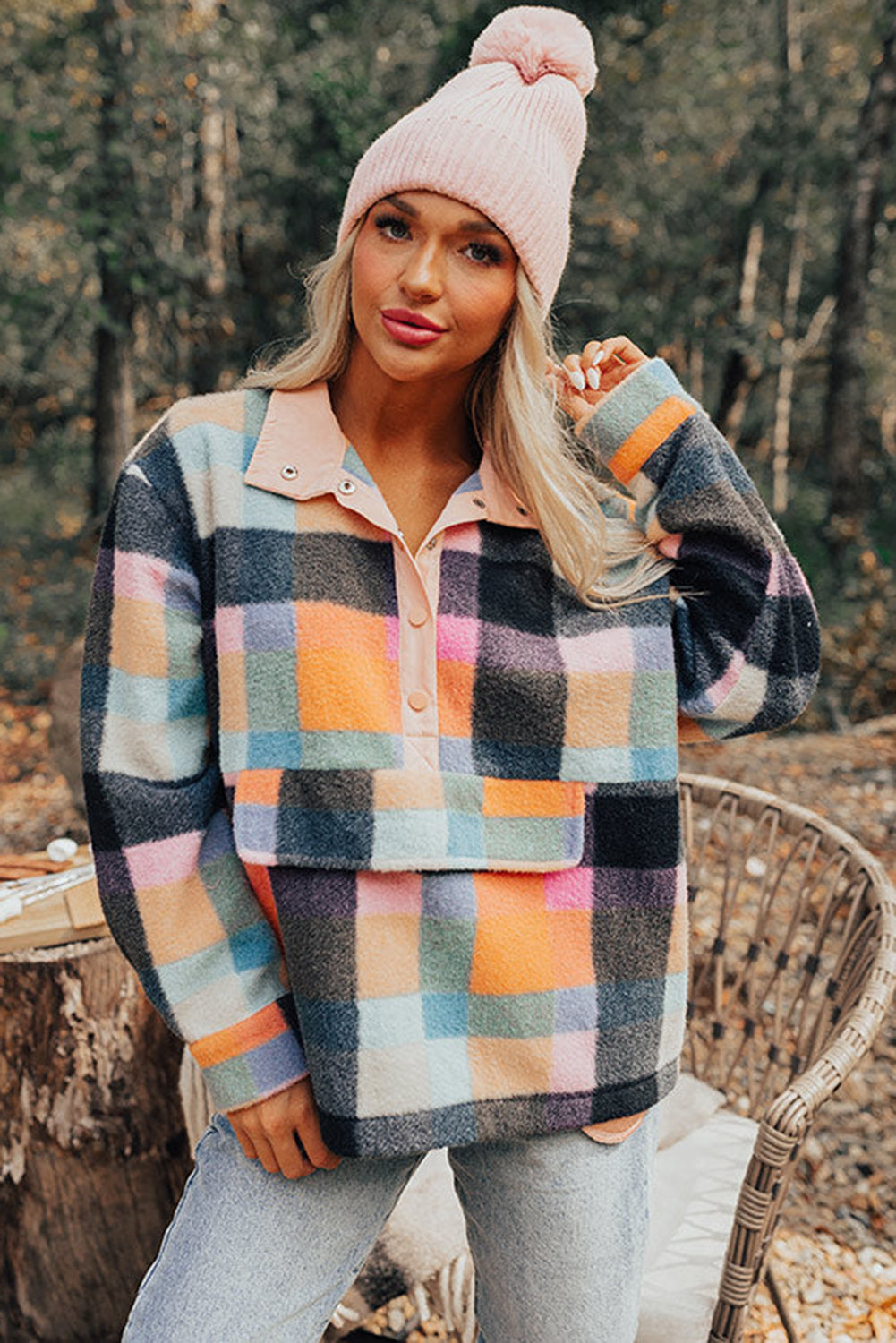 Black Plaid Print Pocketed Half Button Collared Sweatshirt Sweatshirts & Hoodies JT's Designer Fashion