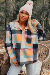 Black Plaid Print Pocketed Half Button Collared Sweatshirt Sweatshirts & Hoodies JT's Designer Fashion