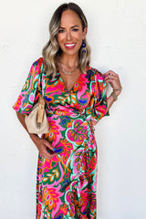 Rose Summer Plant Print Surpliced V Neck Ruffled Asymmetric Slit Wide Short Sleeve Maxi Dress Dresses JT's Designer Fashion