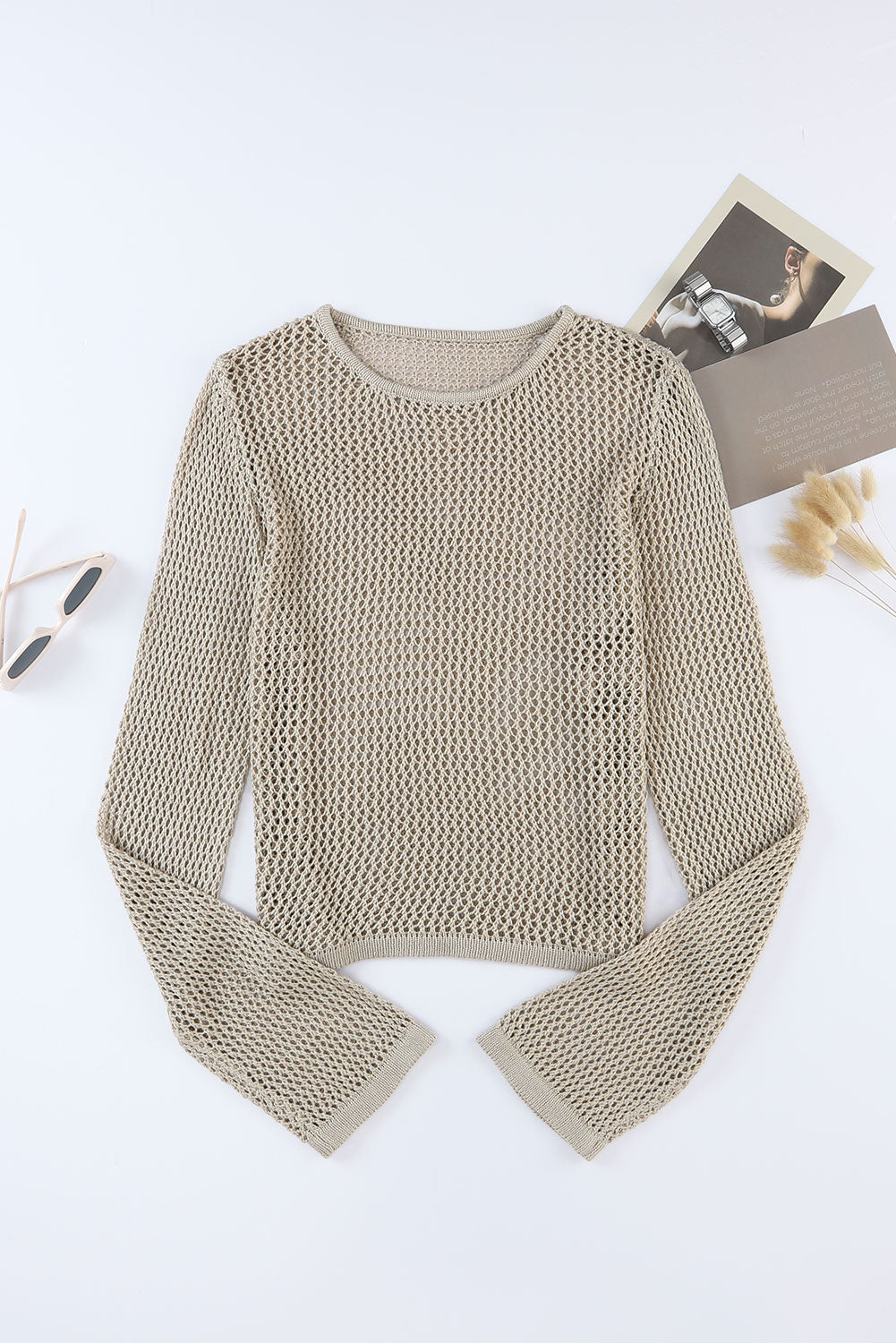 Khaki Hollow-out Knit Long Sleeve Top Long Sleeve Tops JT's Designer Fashion